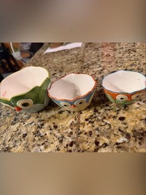 Pier 1 Owl Ceramic Nesting Bowls in Green and Blue